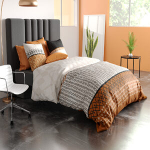 linge de lit parure de couette coton 57 fils motifs tribal couleurs été bicolore sable beige orange